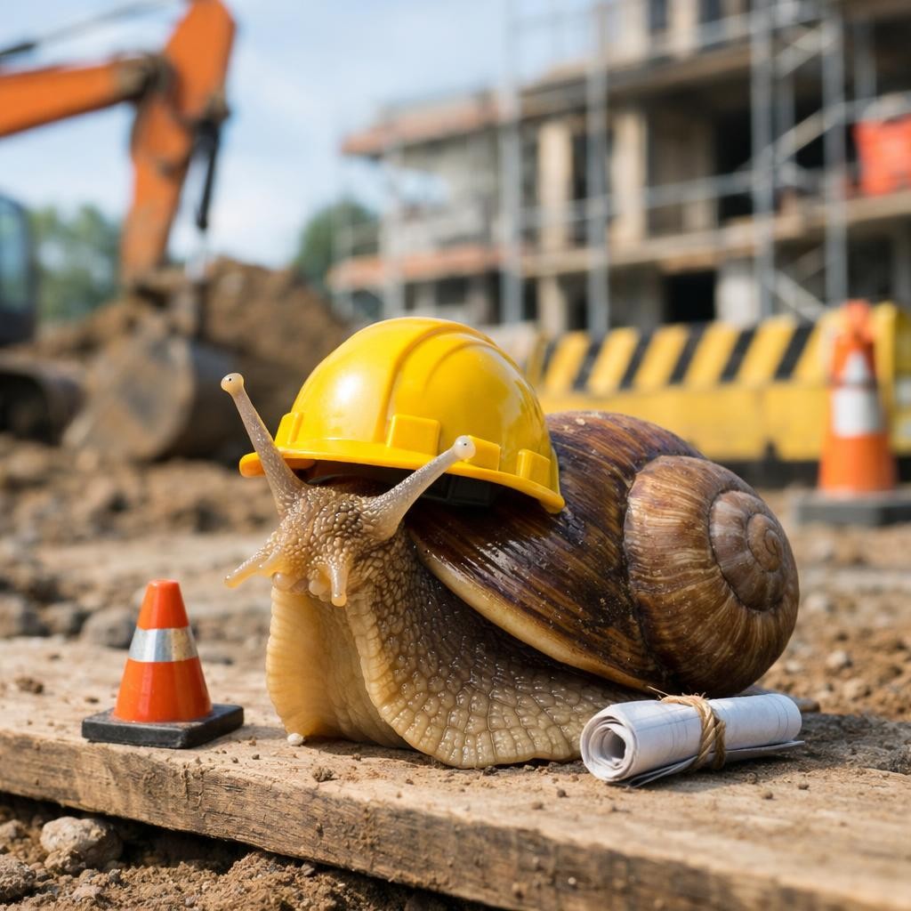 A snail wearing a yellow construction helmet on a construction site with a small traffic cone and rolled blueprints