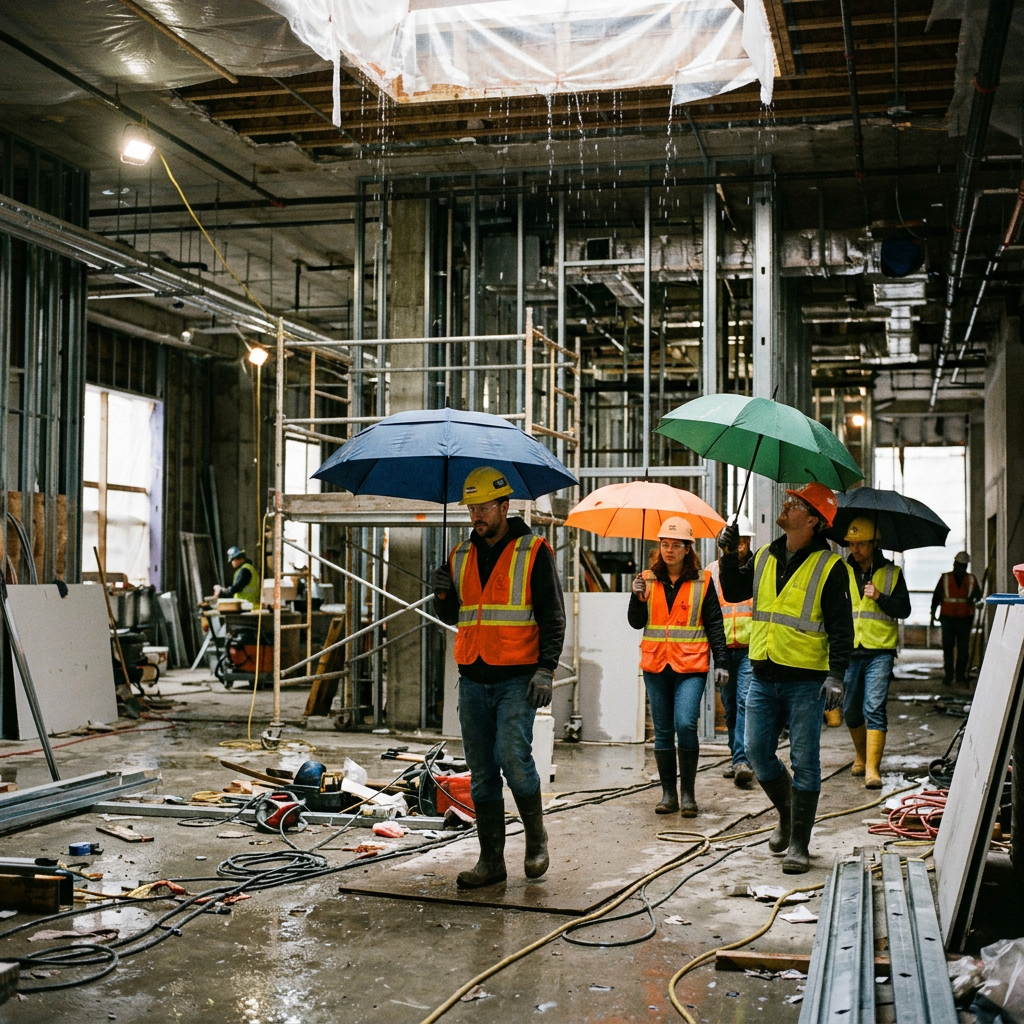 Construction workers wearing safety vests and helmets using umbrellas indoors to protect from dripping water.