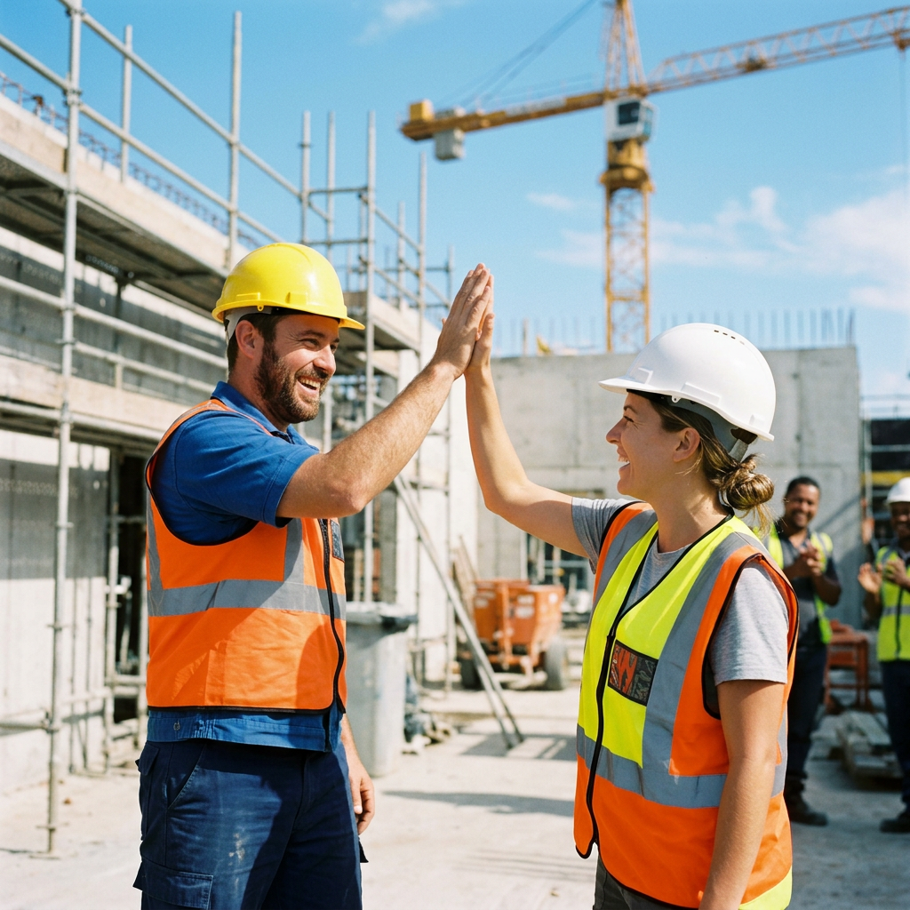Two construction workers in safety gear giving a high-five on a construction site