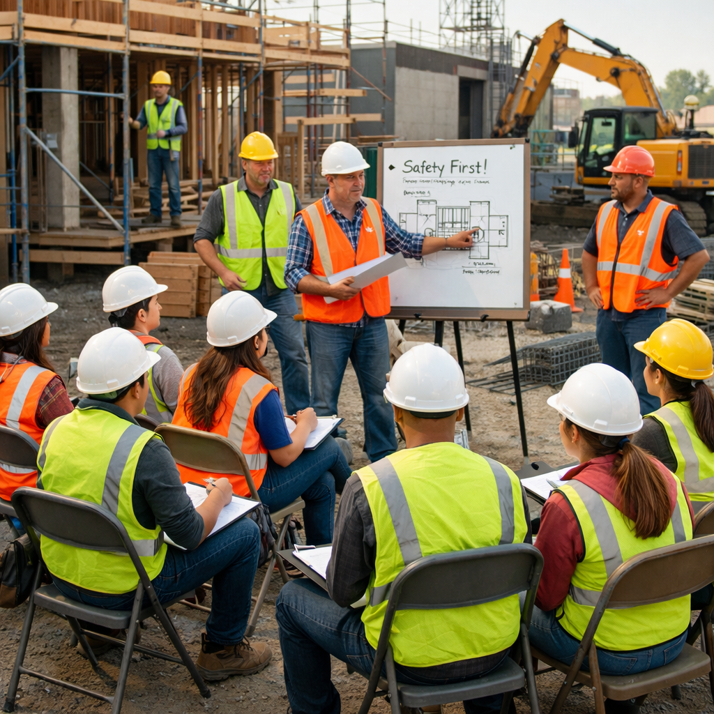 Construction workers in safety gear attending a safety briefing at a construction site