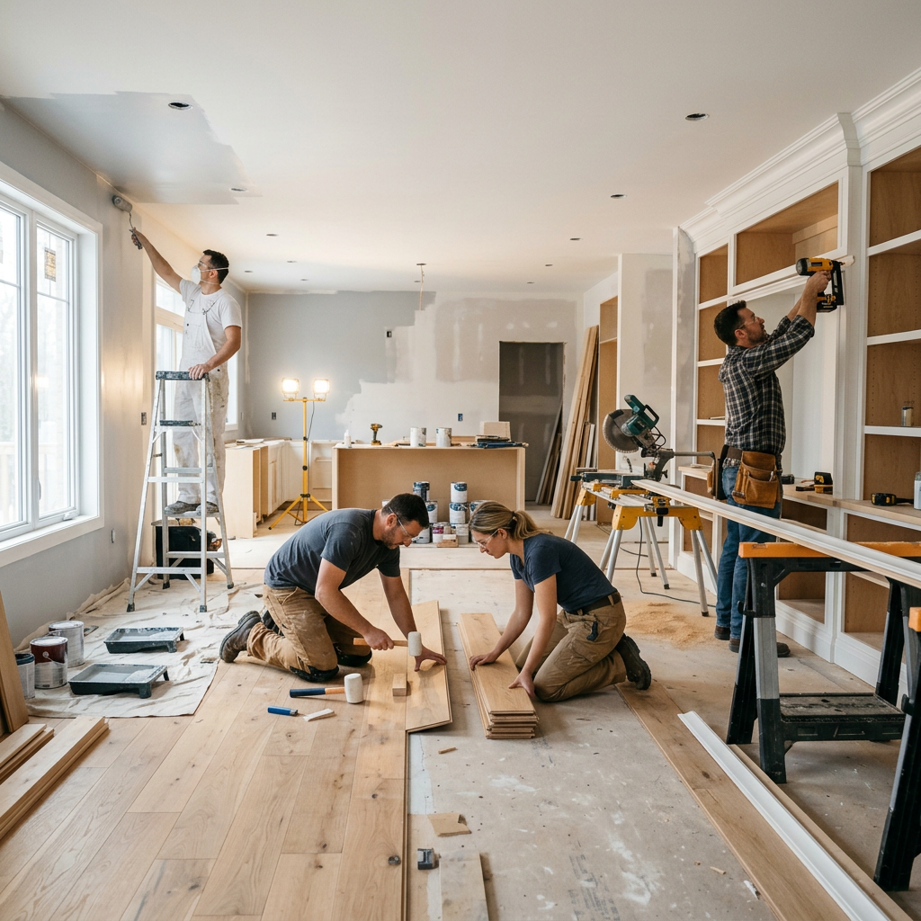 Four construction workers installing hardwood flooring, painting walls, and working on built-in shelves