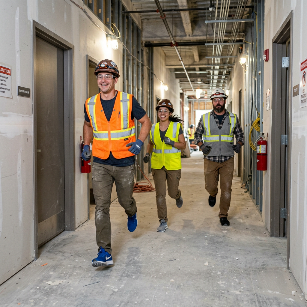 Three construction workers in safety vests and helmets running inside a partially finished building corridor.