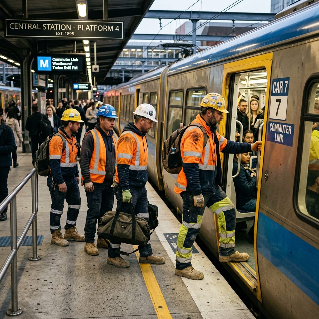 Four construction workers in orange safety vests and helmets boarding a commuter train at a busy station platform.