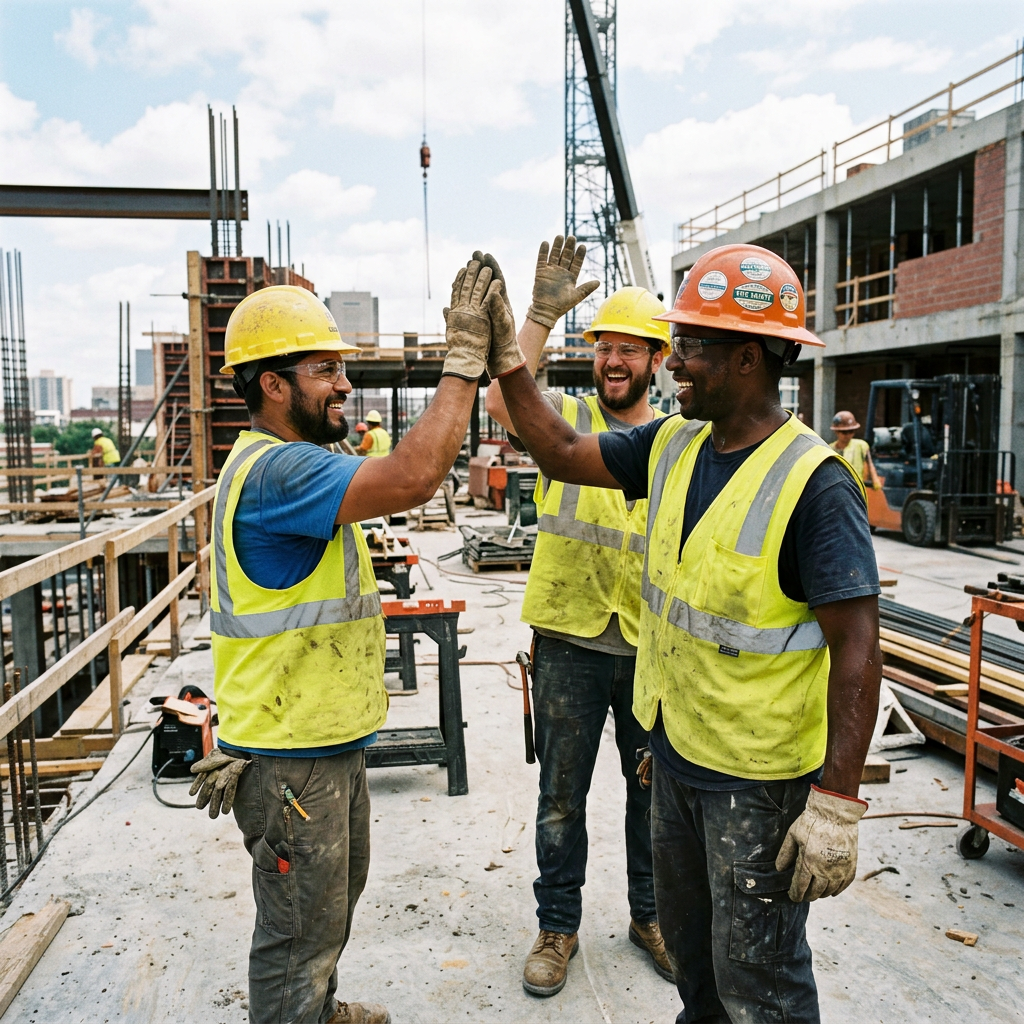 Three construction workers in hard hats and reflective vests high-five at a construction site