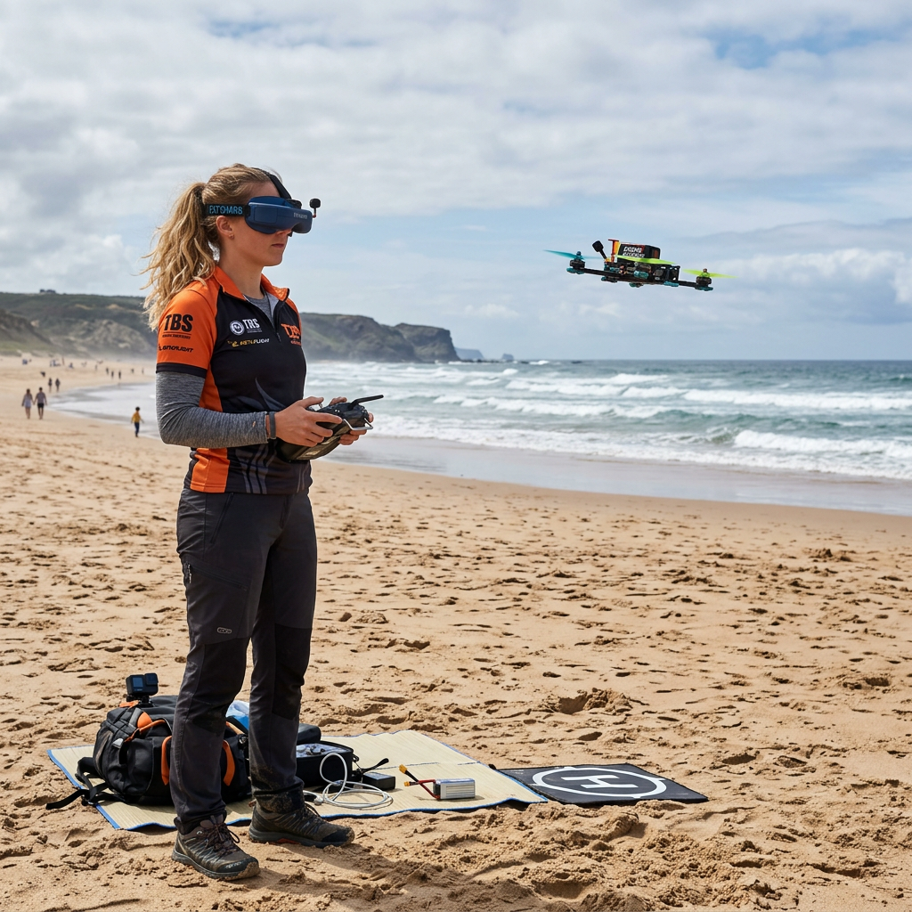 Person operating FPV drone on sandy beach wearing goggles and holding controller