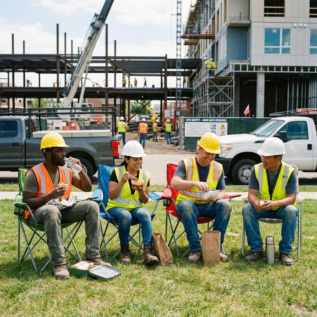 Four construction workers in safety gear sitting on chairs outdoors eating lunch near a construction site