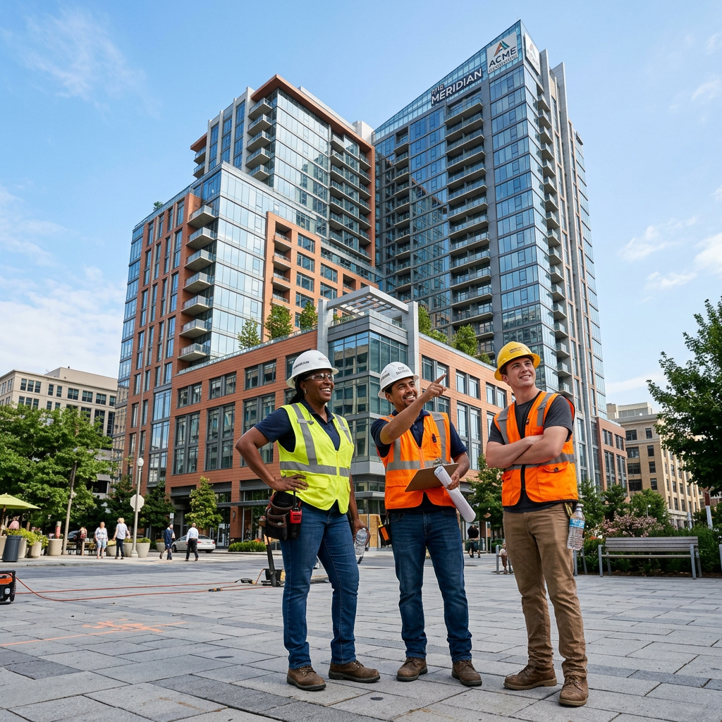 Three construction workers wearing safety vests and helmets standing in front of a tall building, one pointing ahead while holding documents, engaged in discussion.