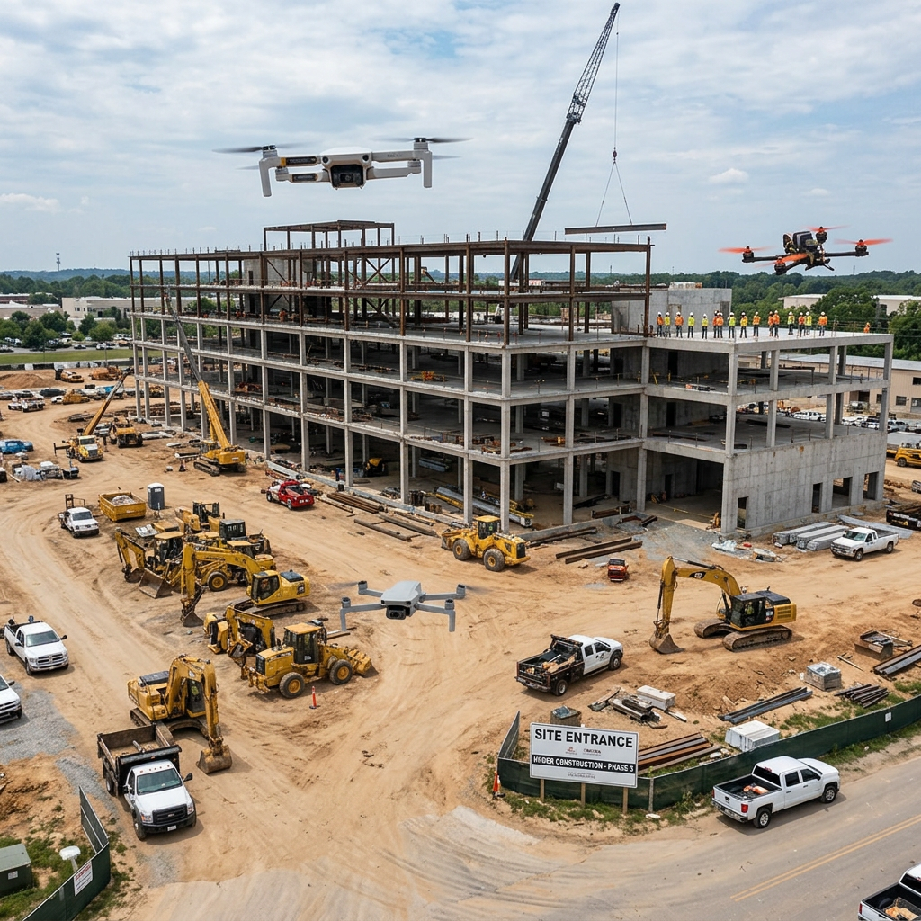 Multi-story building under construction with construction vehicles and drones flying nearby