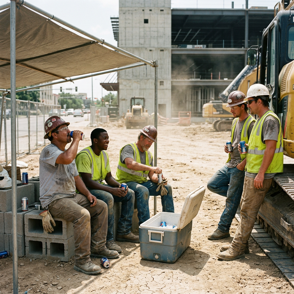 Five construction workers in safety gear taking a break and drinking soda at a construction site