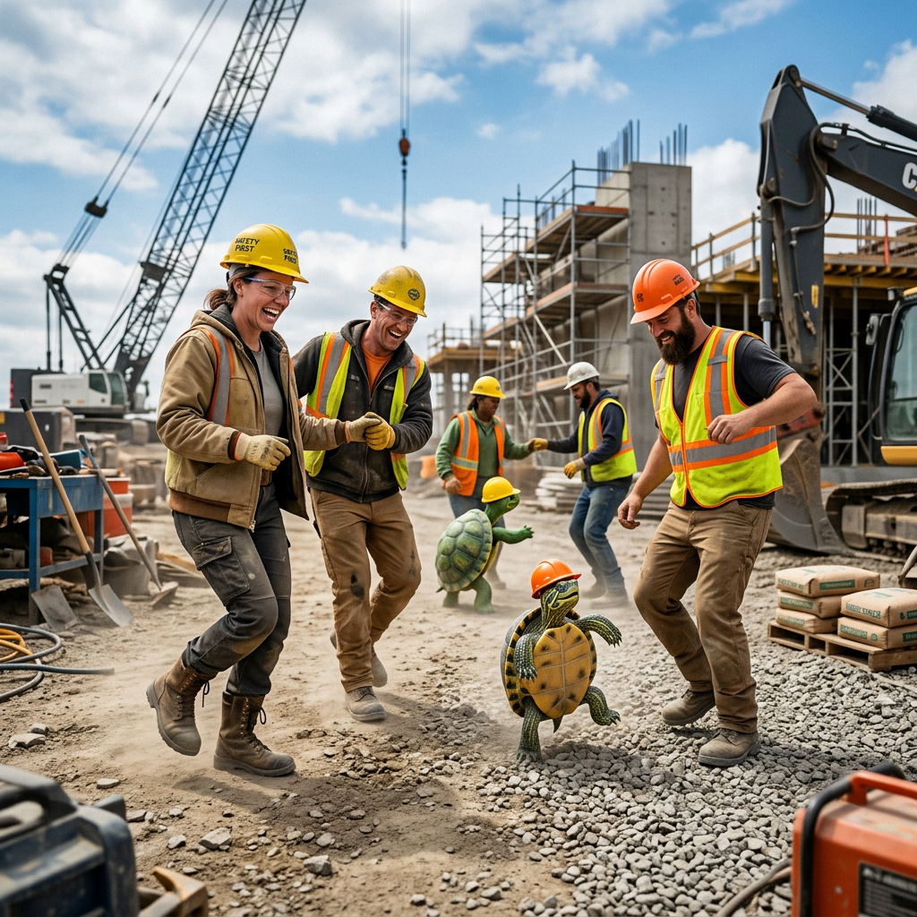 Construction workers enjoying playful moment interacting with small turtles wearing safety helmets