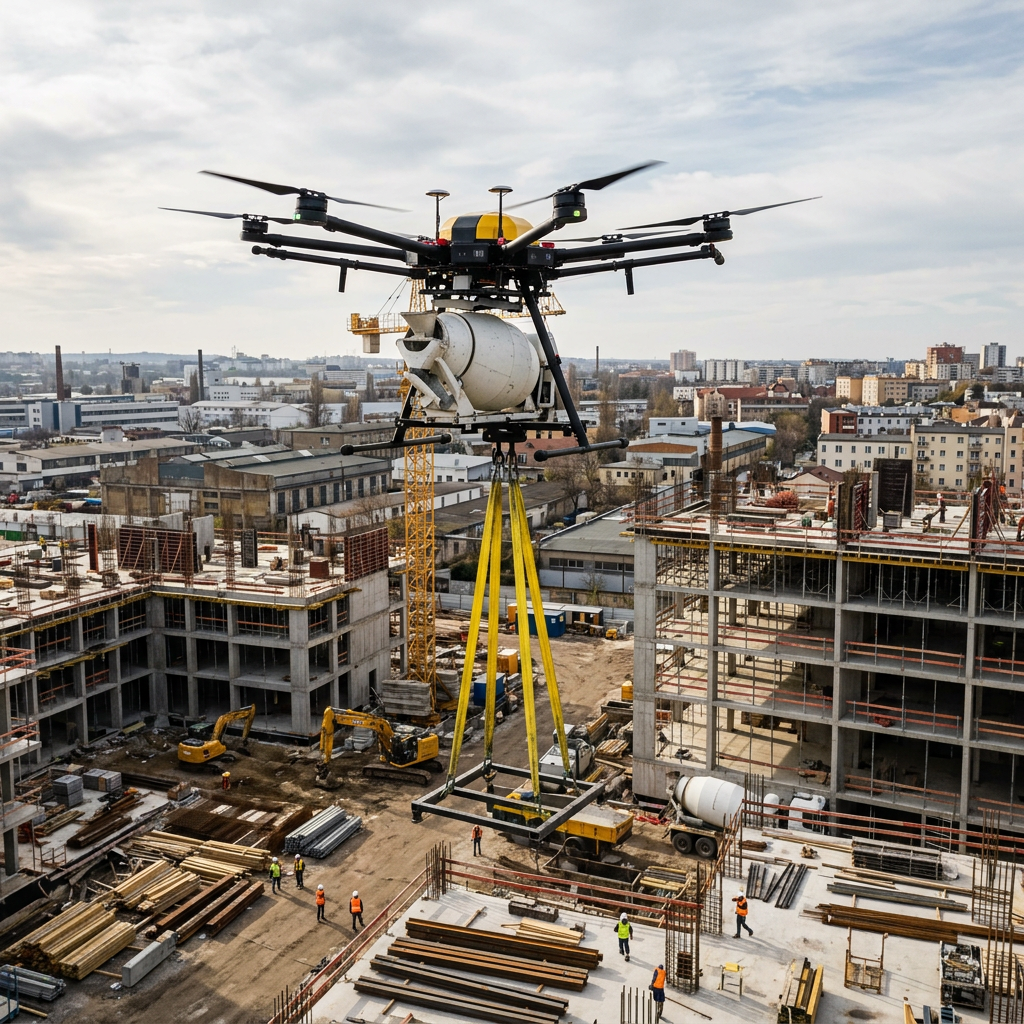 Drone lifting concrete mixer above construction area with workers below