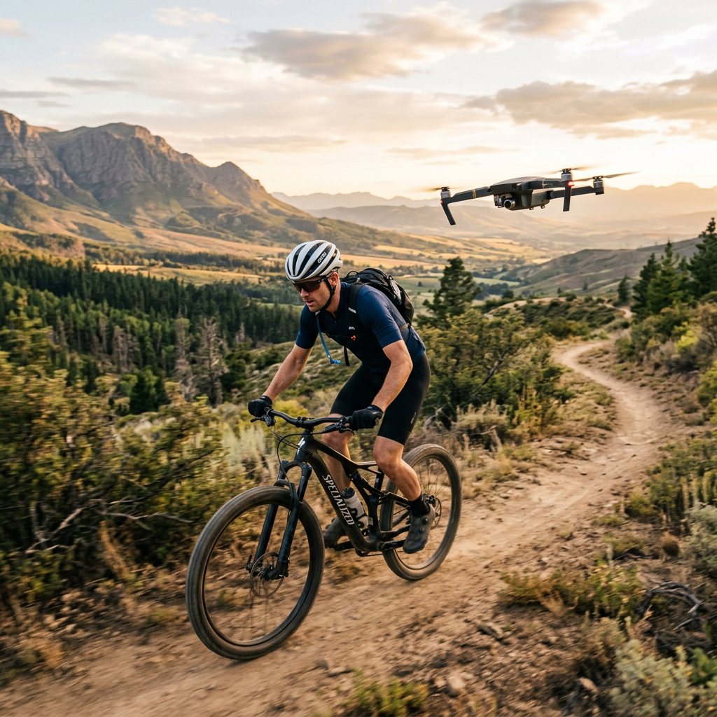 Man mountain biking on dirt trail with drone flying beside him