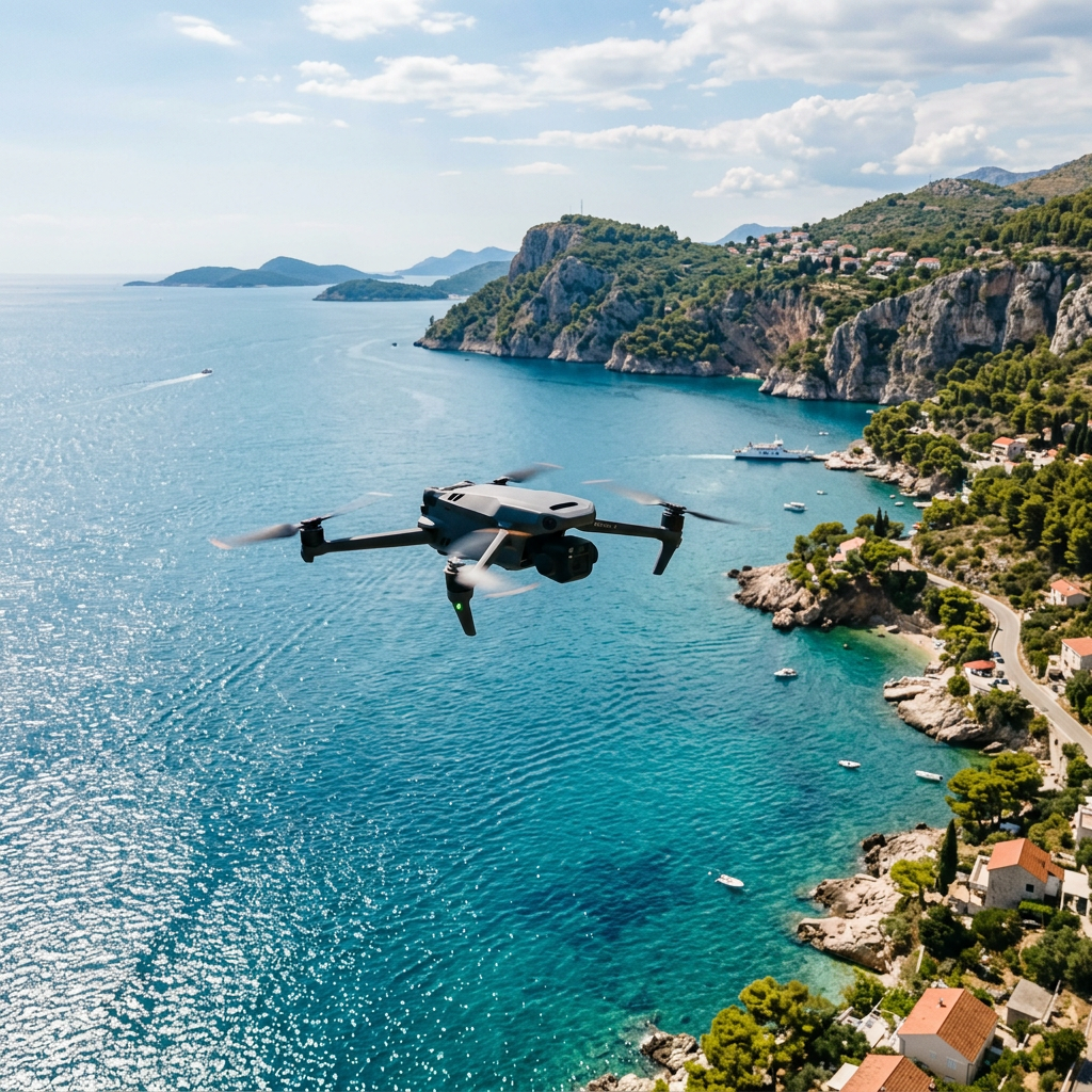 Drone flying over turquoise ocean near rocky coast with houses and trees