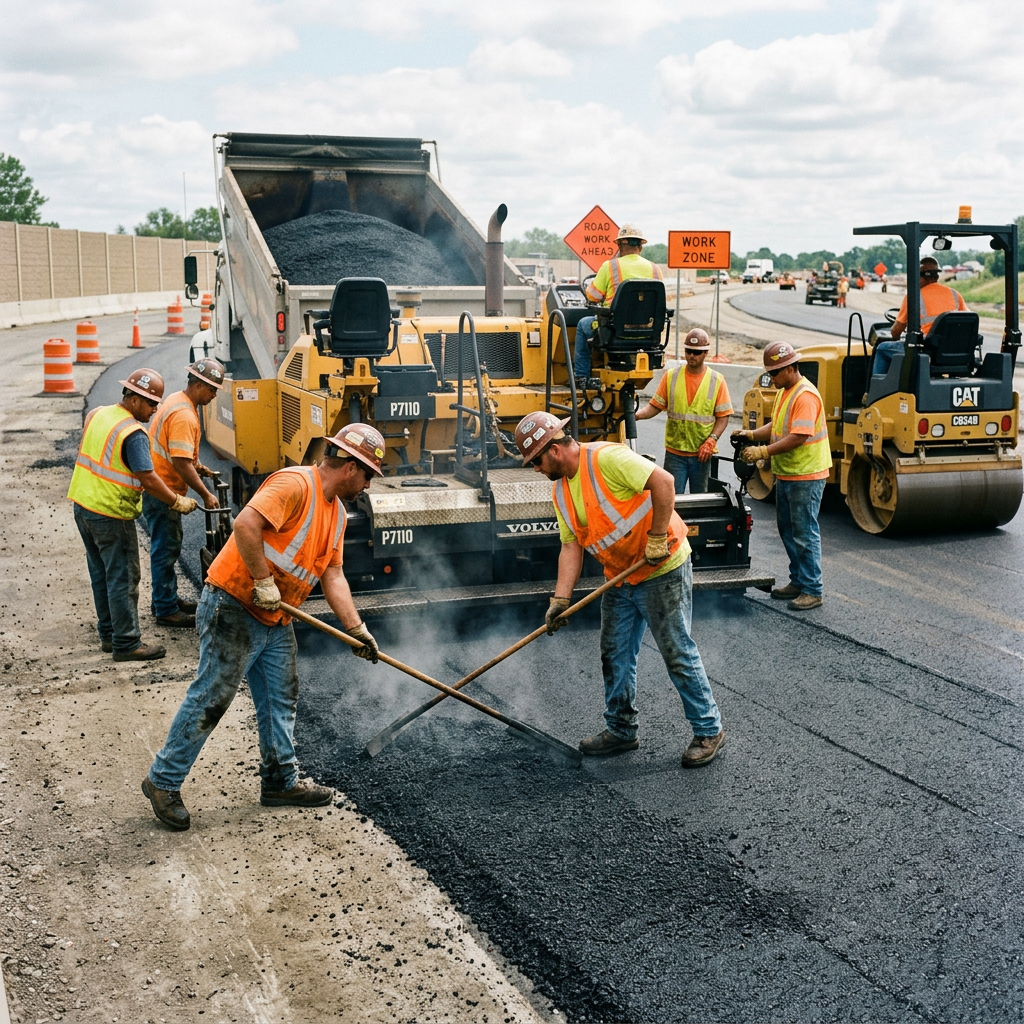 Construction workers in high-visibility vests and hard hats paving asphalt on a highway