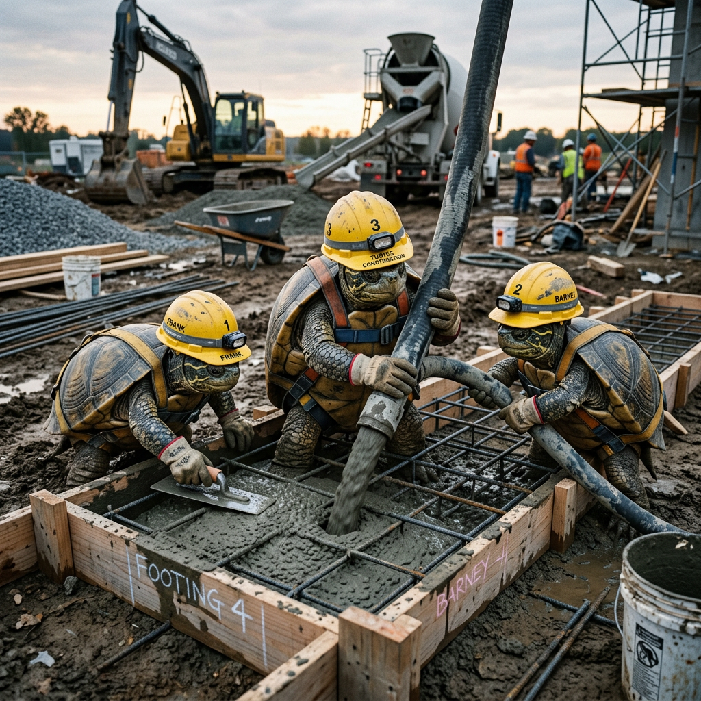 Three turtles wearing construction hard hats and vests pouring concrete into a wooden frame with rebar