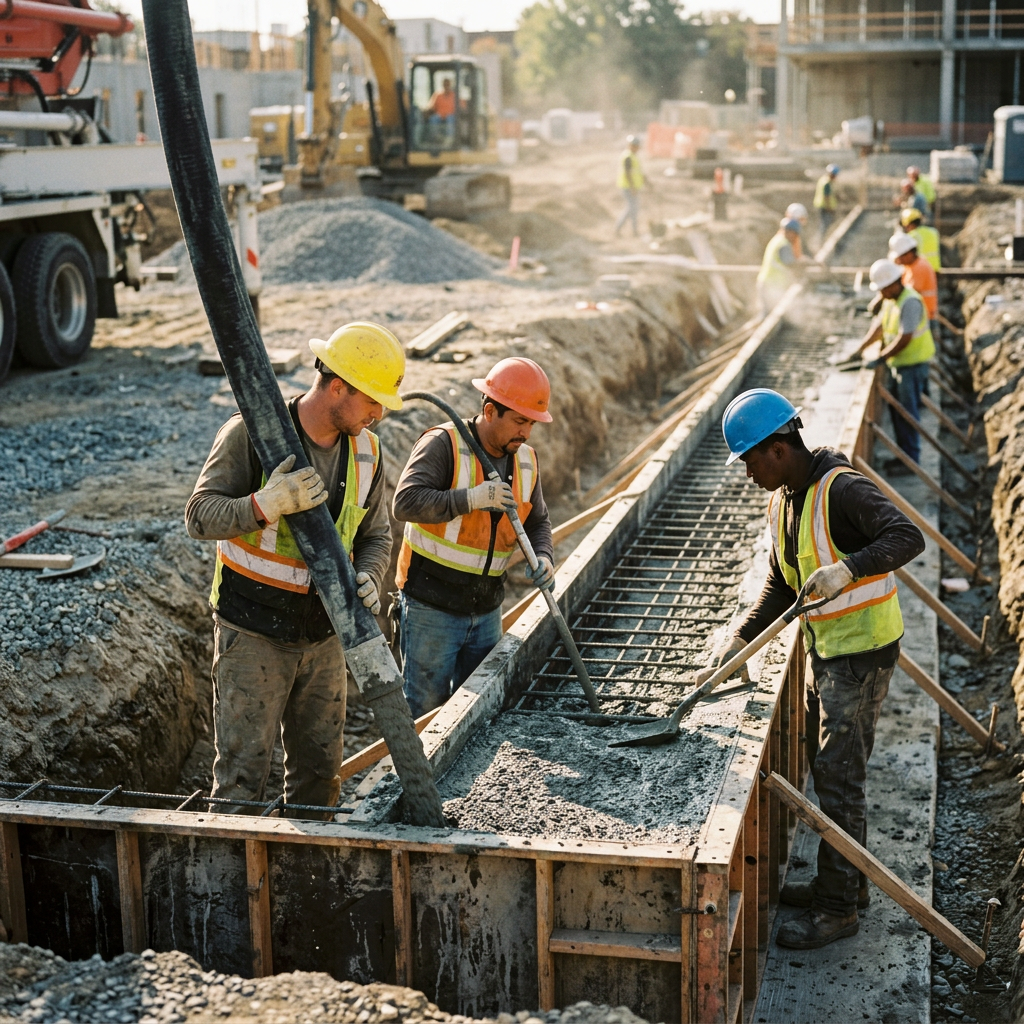 Construction workers in hard hats pouring and leveling concrete in wooden forms