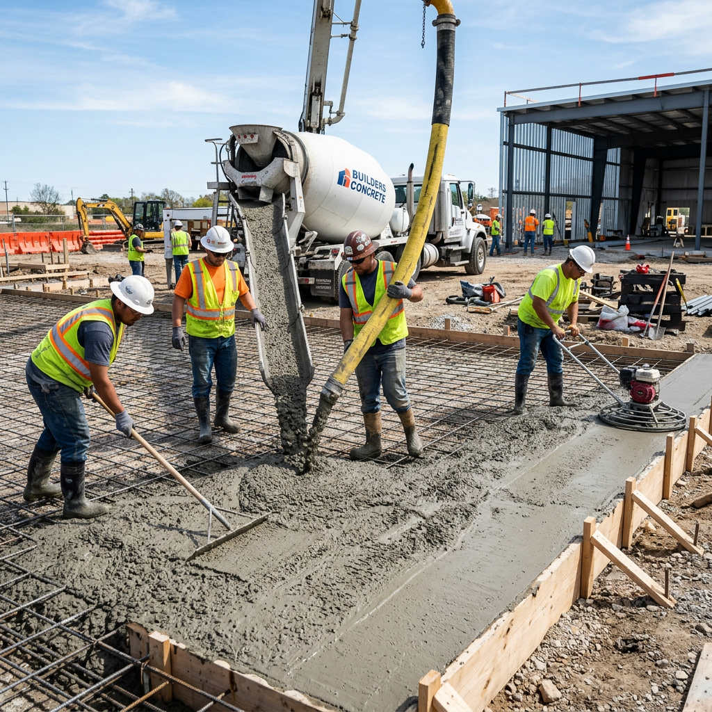 Construction workers pouring and leveling concrete slab using a mixer truck and power trowel