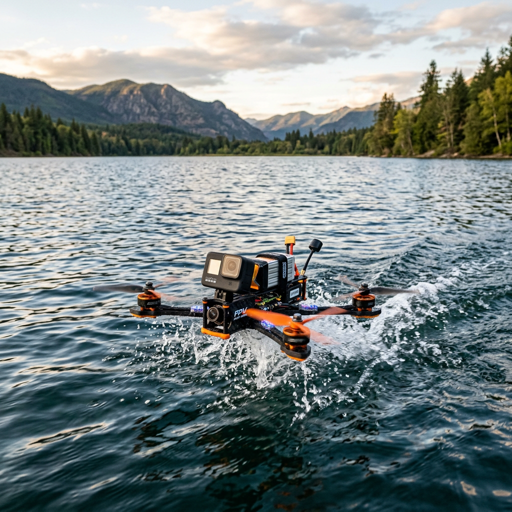 FPV drone with GoPro camera taking off from water surface on a lake.