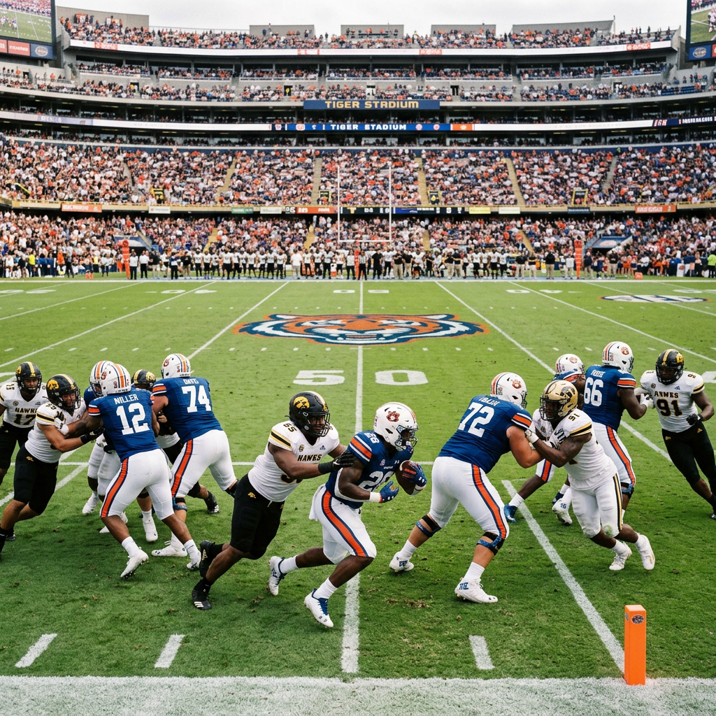College football players in action during a game at Tiger Stadium with a large crowd in the stands.