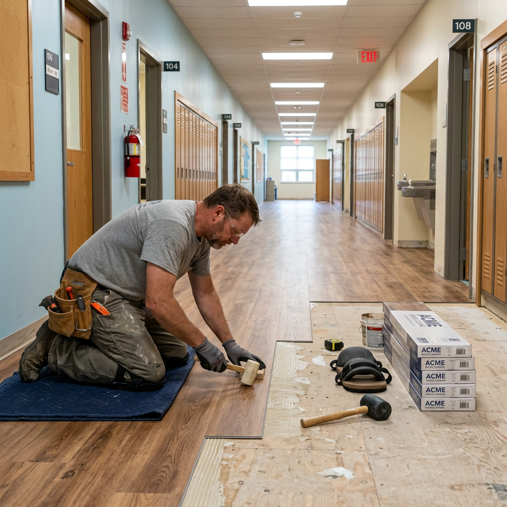 Worker laying wood flooring planks in a school hallway