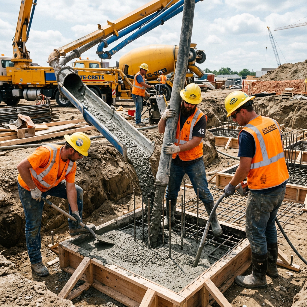 Construction workers wearing hard hats and safety vests pouring concrete into a wooden framework