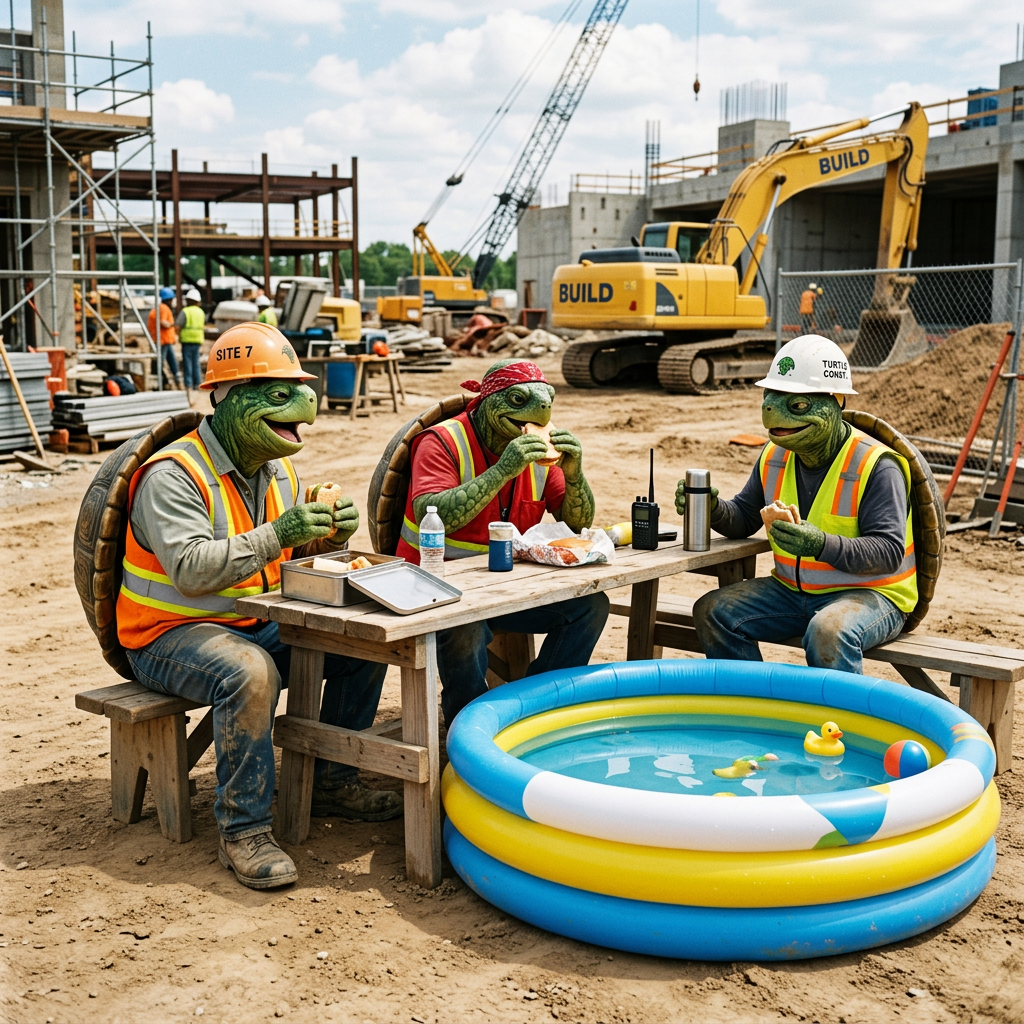 Three humanoid turtles wearing safety gear eating lunch at a construction site