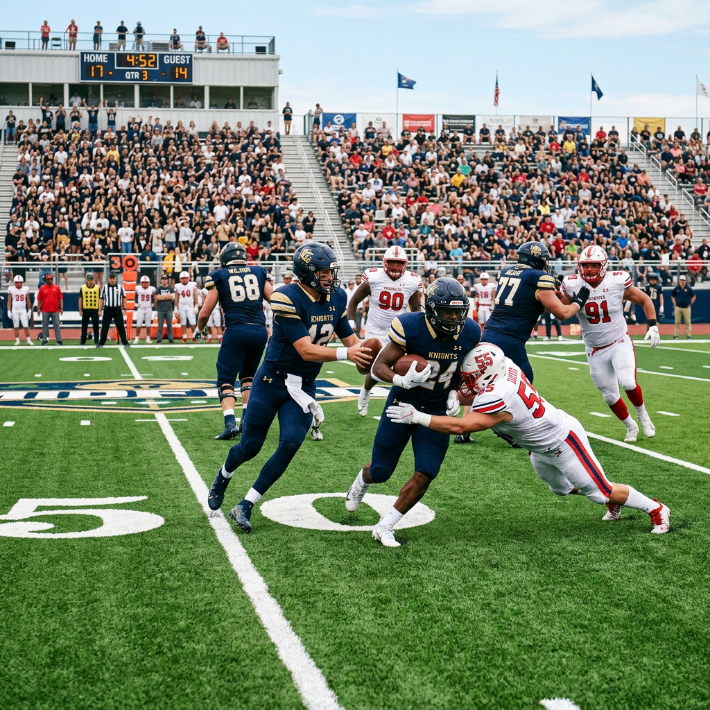 Football player carrying the ball while a defender attempts a tackle