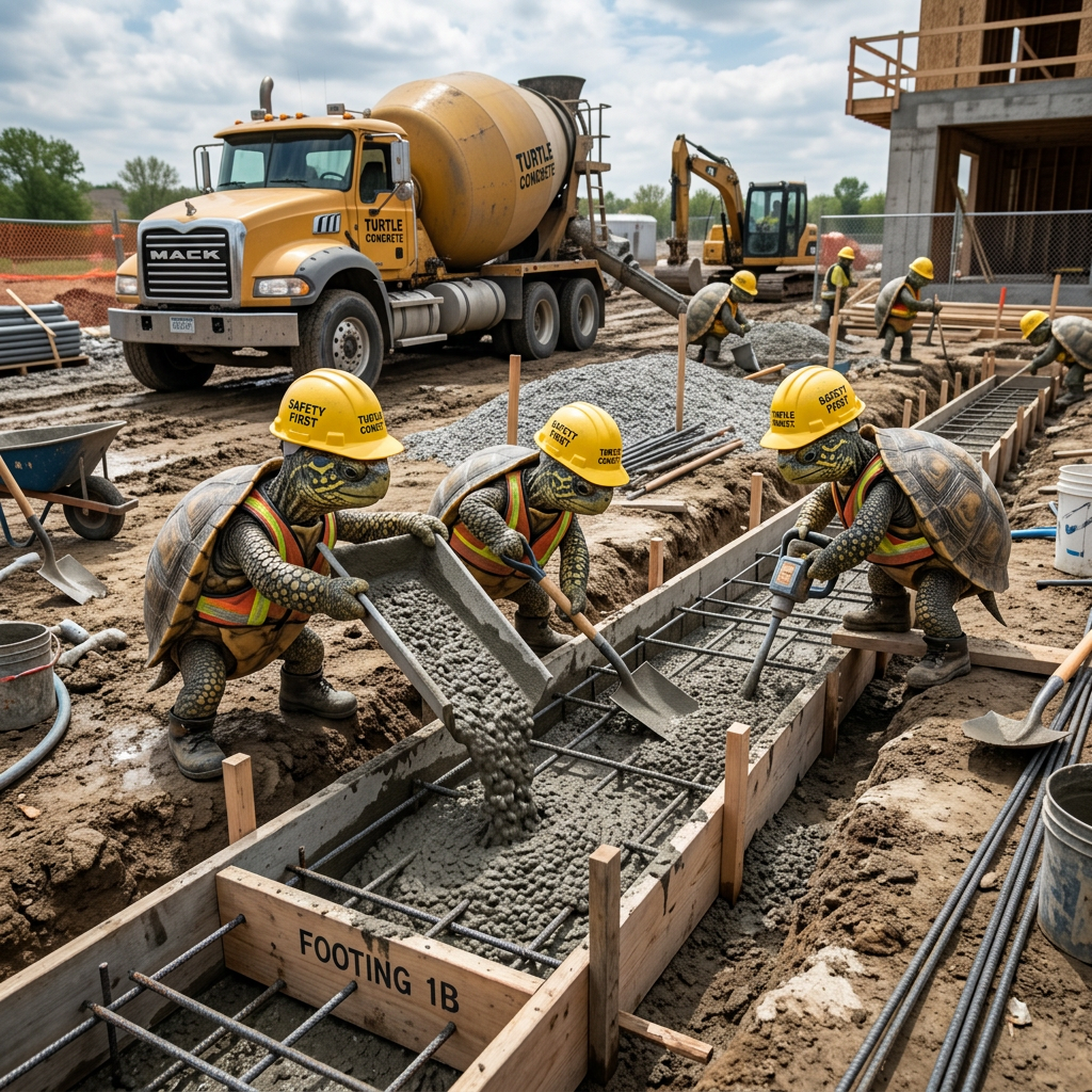 Turtle construction workers pouring concrete into reinforced foundation footings