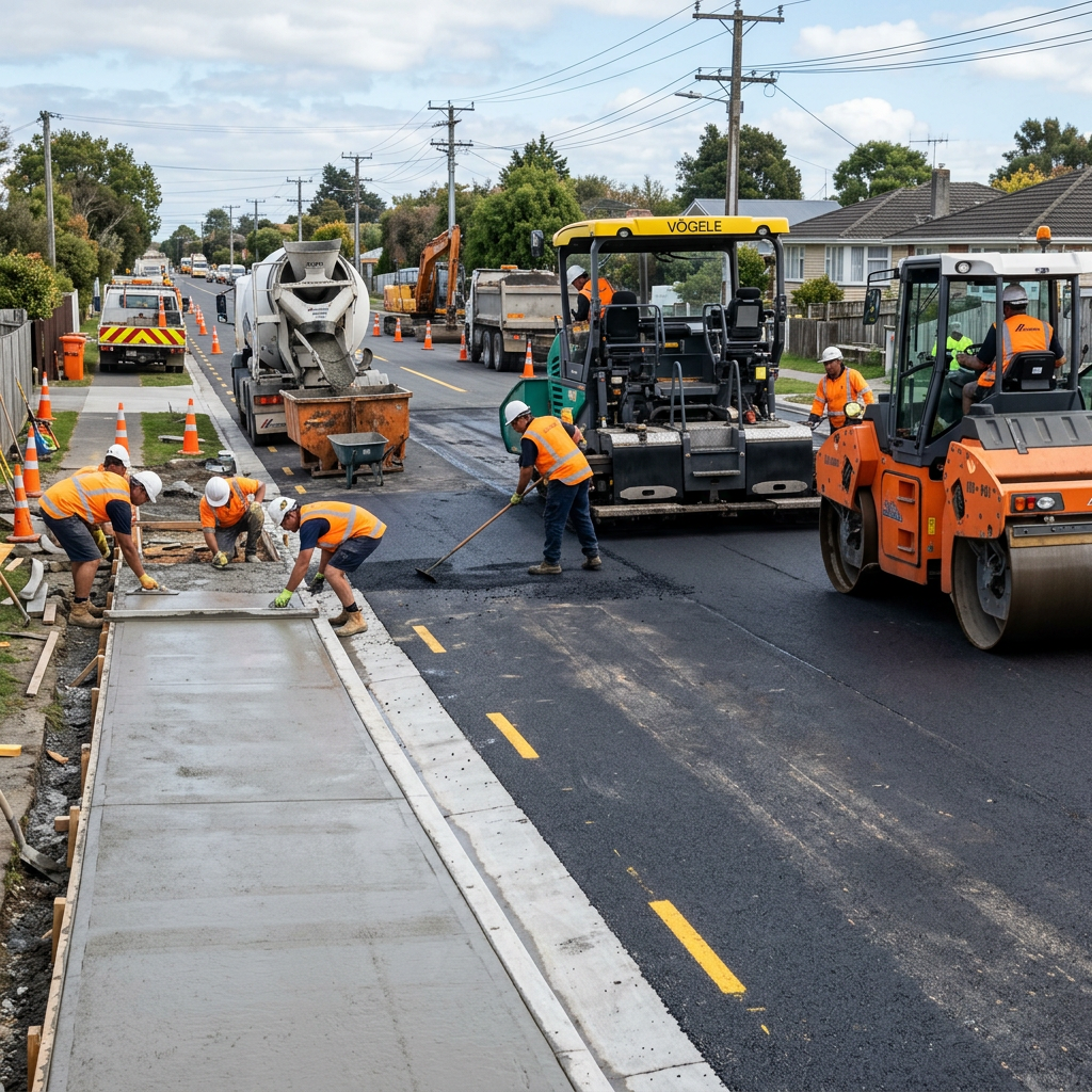 Road workers paving a suburban street beside construction equipment and a new sidewalk